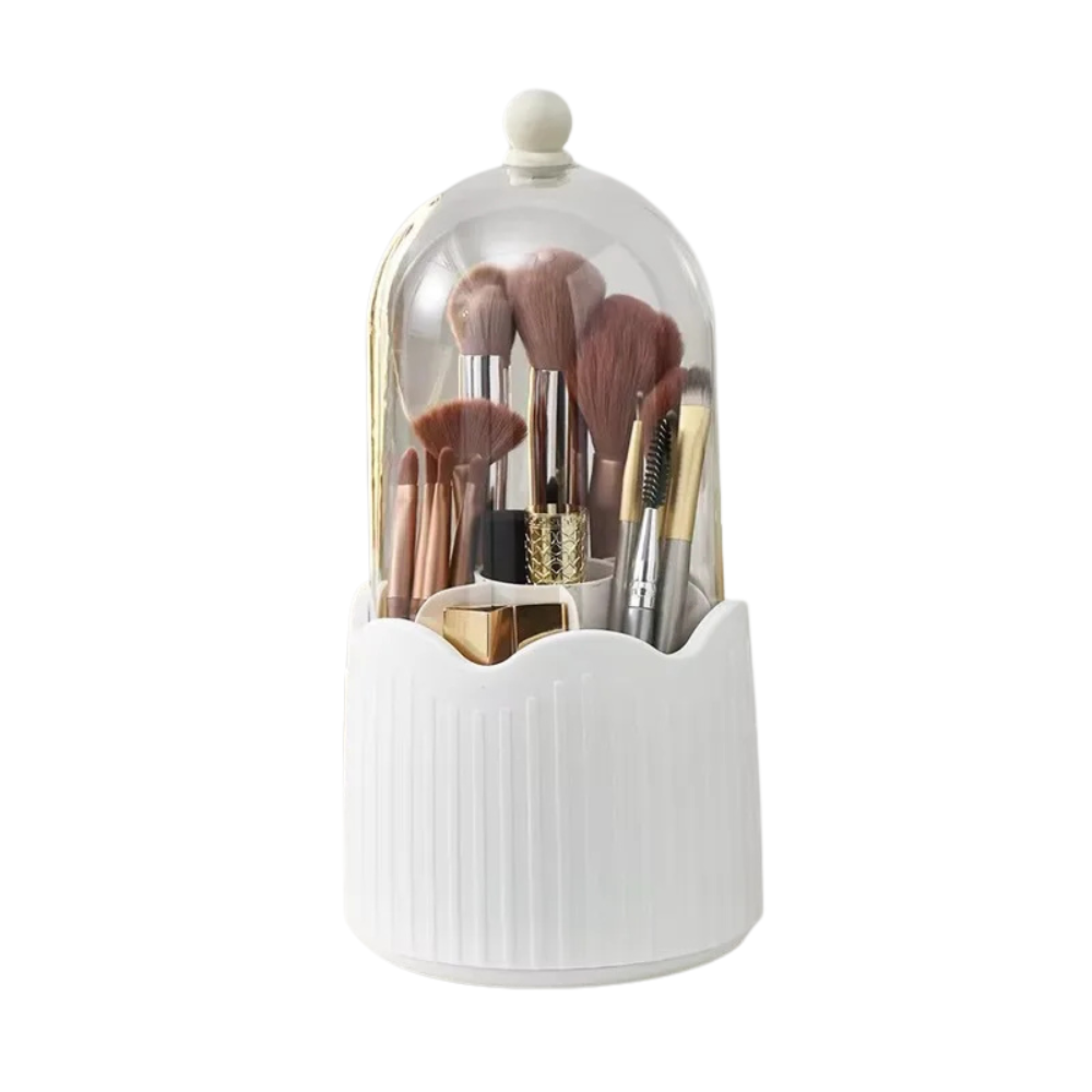 360° Rotating Makeup Brush Holder Cosmetics Organizer with Dustproof Lid and Storage Compartments – White