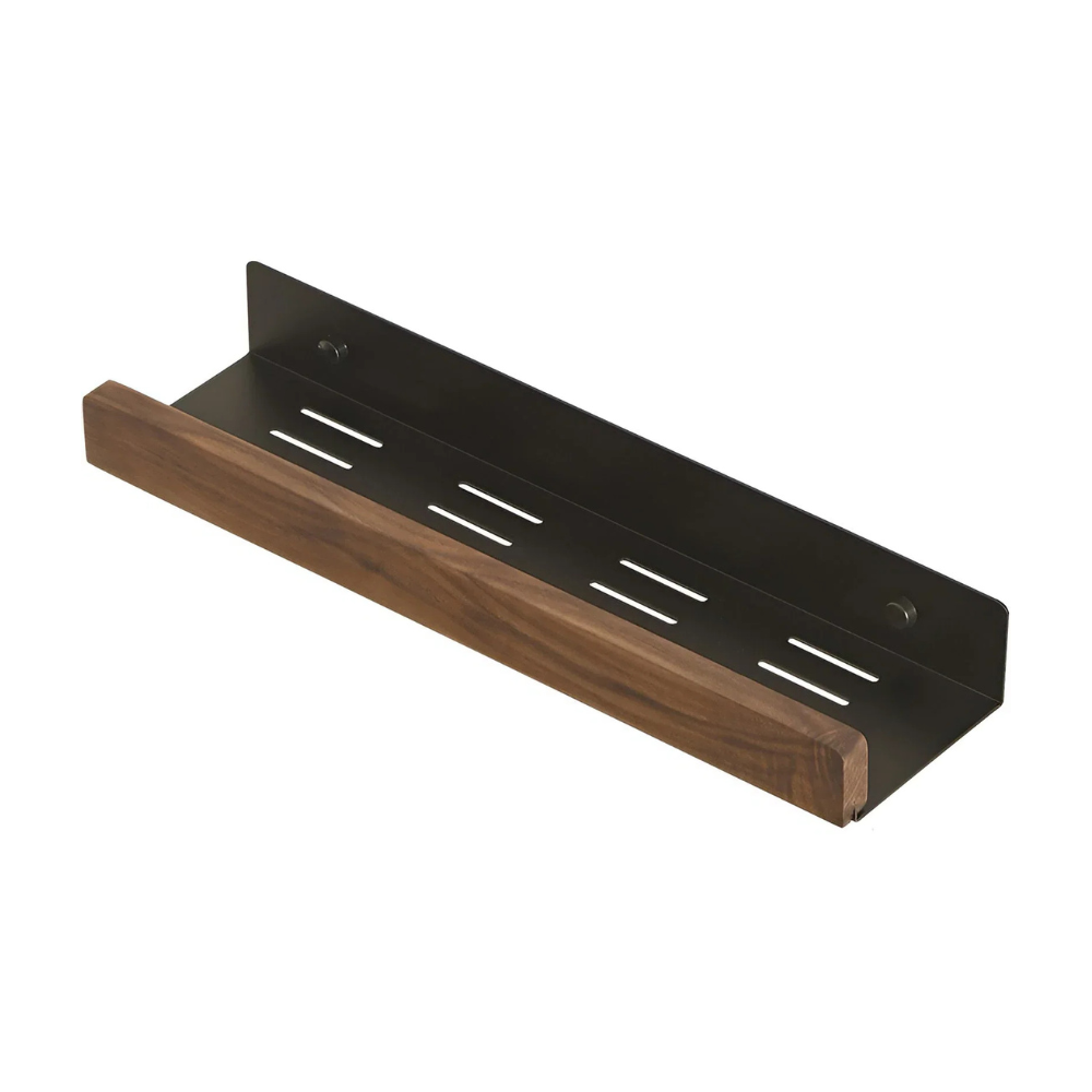 Wall Mounted Black Walnut Bathroom Storage Shelf Aluminum Organizer Rack No Drill – 40cm
