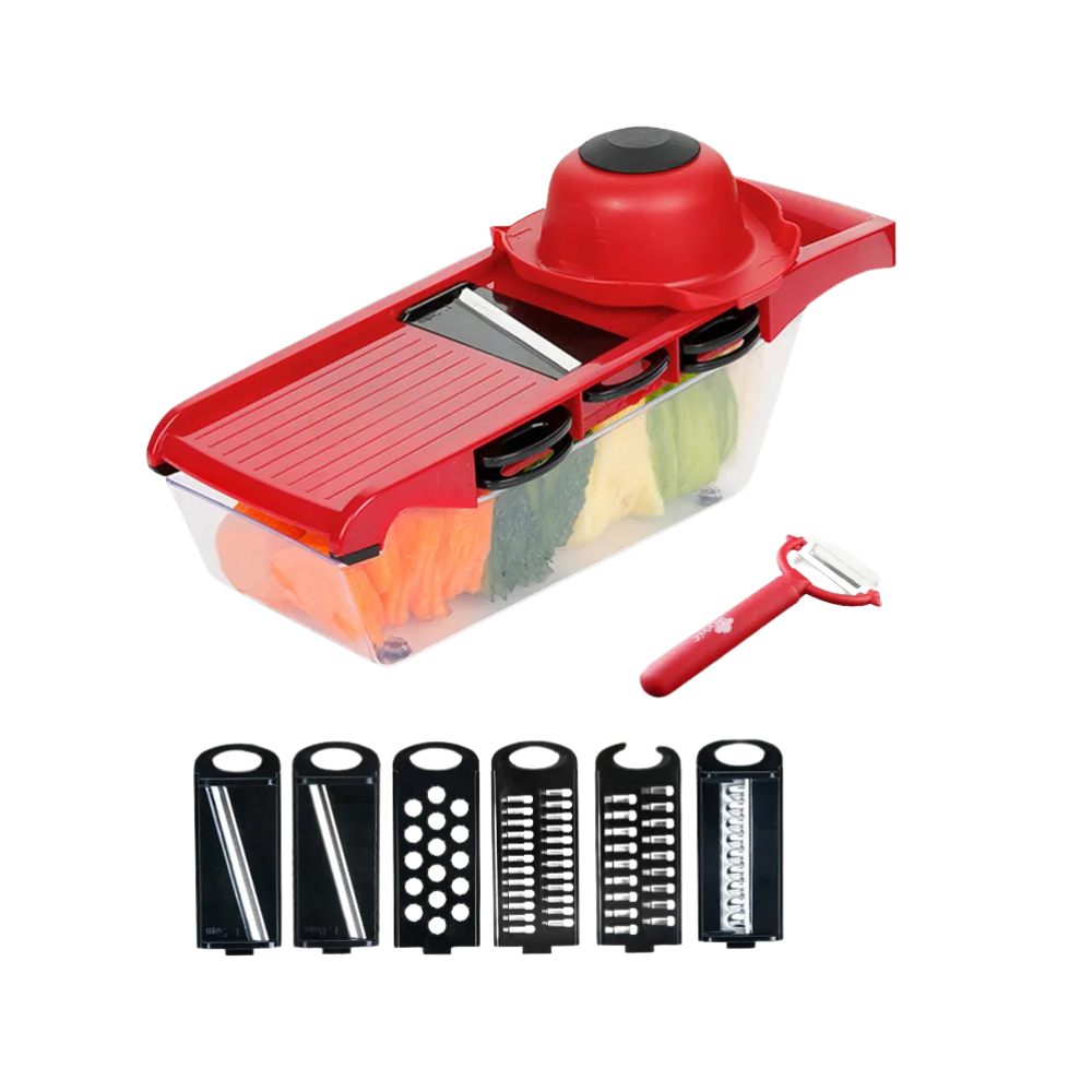 6-in-1 Vegetable Cutter and Grater Mandoline Slicer with Storage Container and Peeler – Red