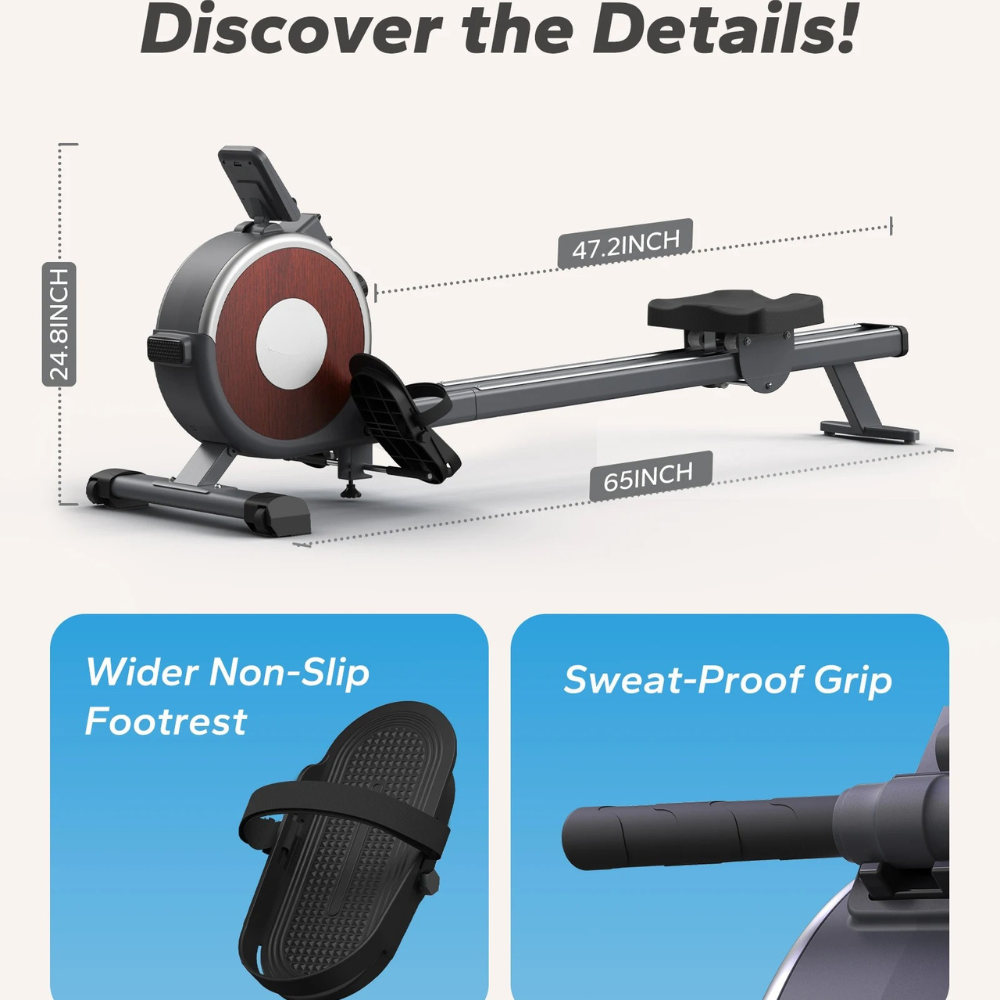 Rowing Machine Magnetic Resistance Rower 16 Levels Dual Rail Bluetooth Fitness Trainer