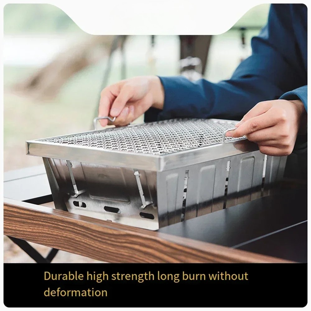 Camping BBQ Grill Foldable Stainless Steel Charcoal Barbecue Stove Portable Outdoor Cooker – Silver