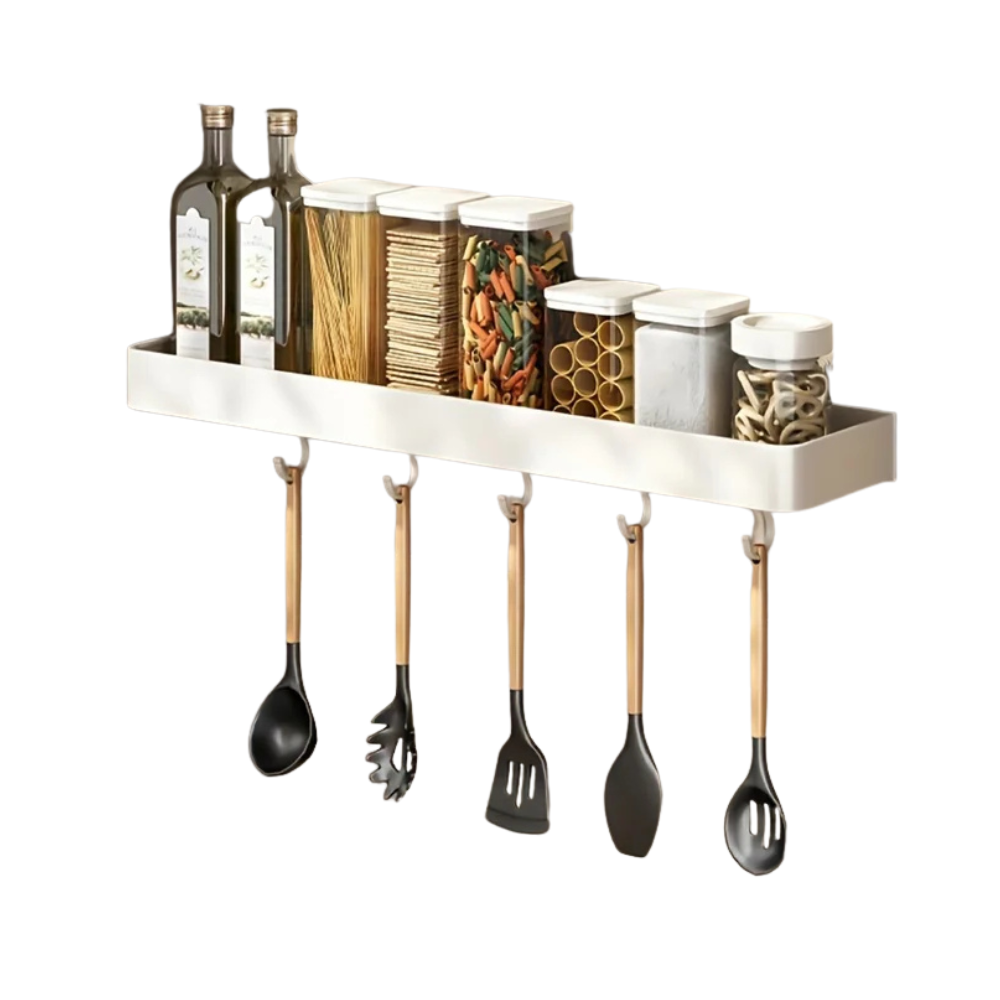 Wall Mounted Aluminum Kitchen Spice Rack with Hooks Storage Shelf Organizer – 30cm