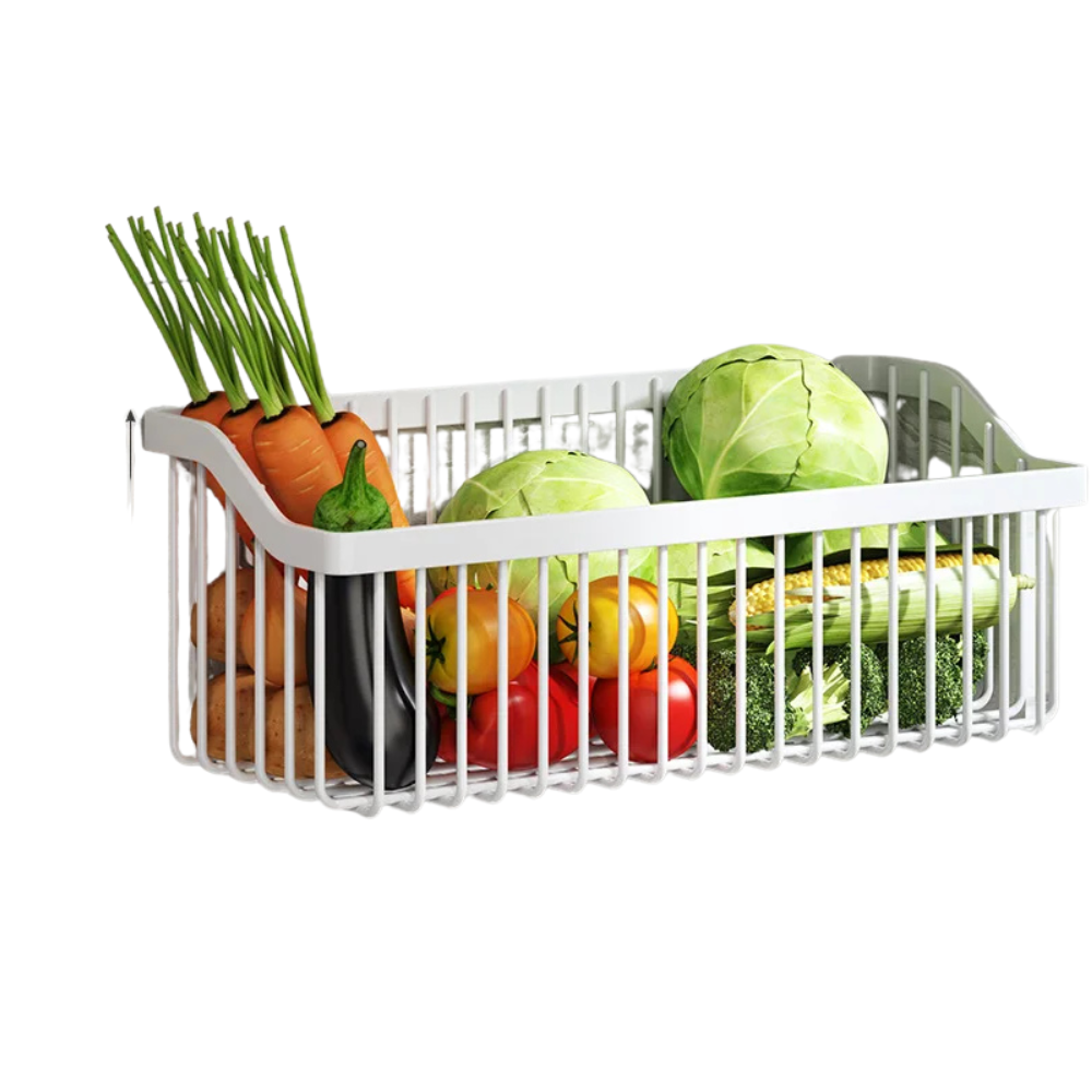 No Drill Wall Mounted Kitchen Storage Rack Metal Spice Organizer Vegetable Basket Shelf – White