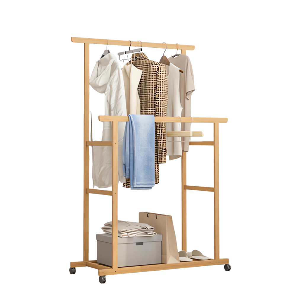 Bamboo Clothes Rack with Double Hanging Rails Rolling Garment Stand with Storage Shelf and Side Rail – Natural Wood