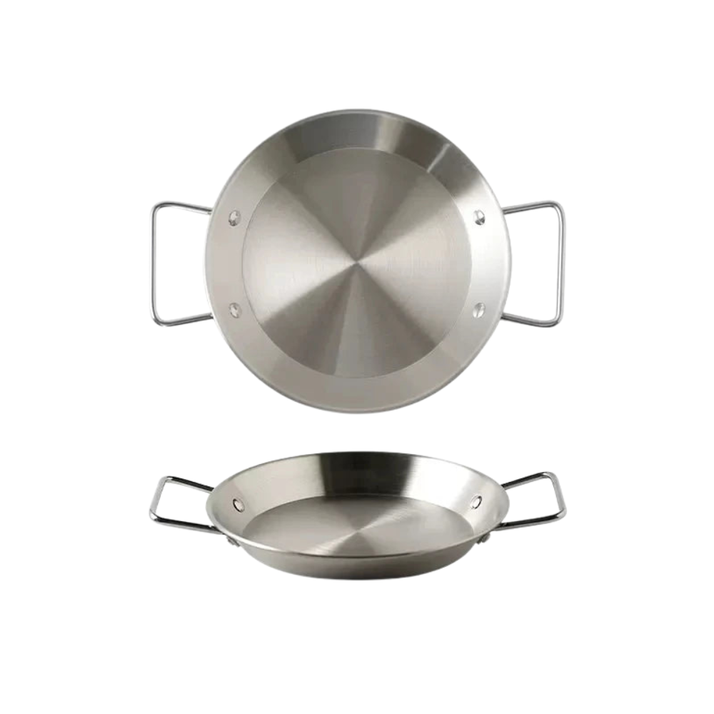 Stainless Steel Paella Pan 24cm Double Handle Cooking Pan Gas and Induction Compatible – Silver