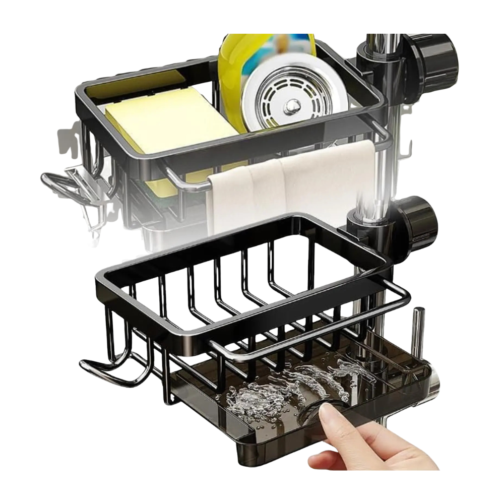 Kitchen Sink Faucet Organizer 3-in-1 Sponge Holder Storage Rack with Drain Tray and Towel Bar – Black
