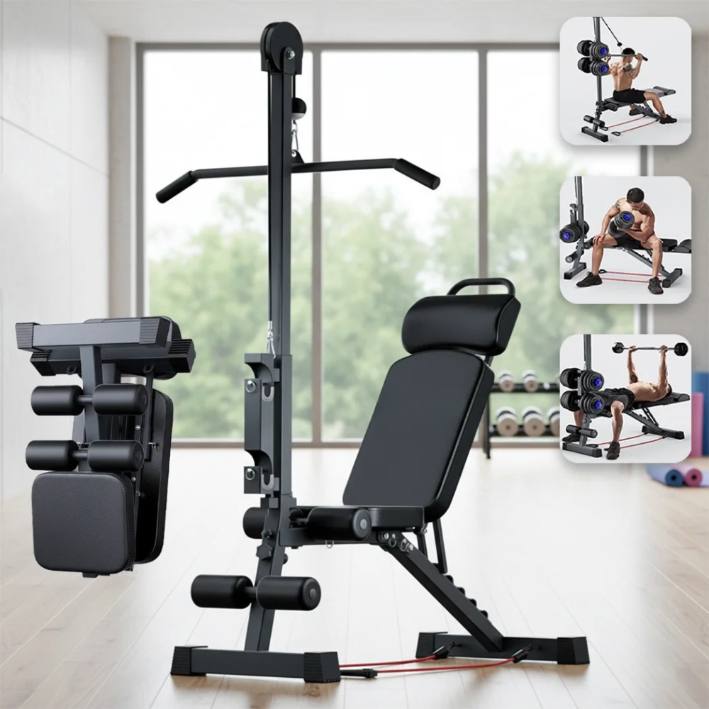 Multi Function Weight Bench Foldable Adjustable Strength Training Bench with Lat Pulldown – Black