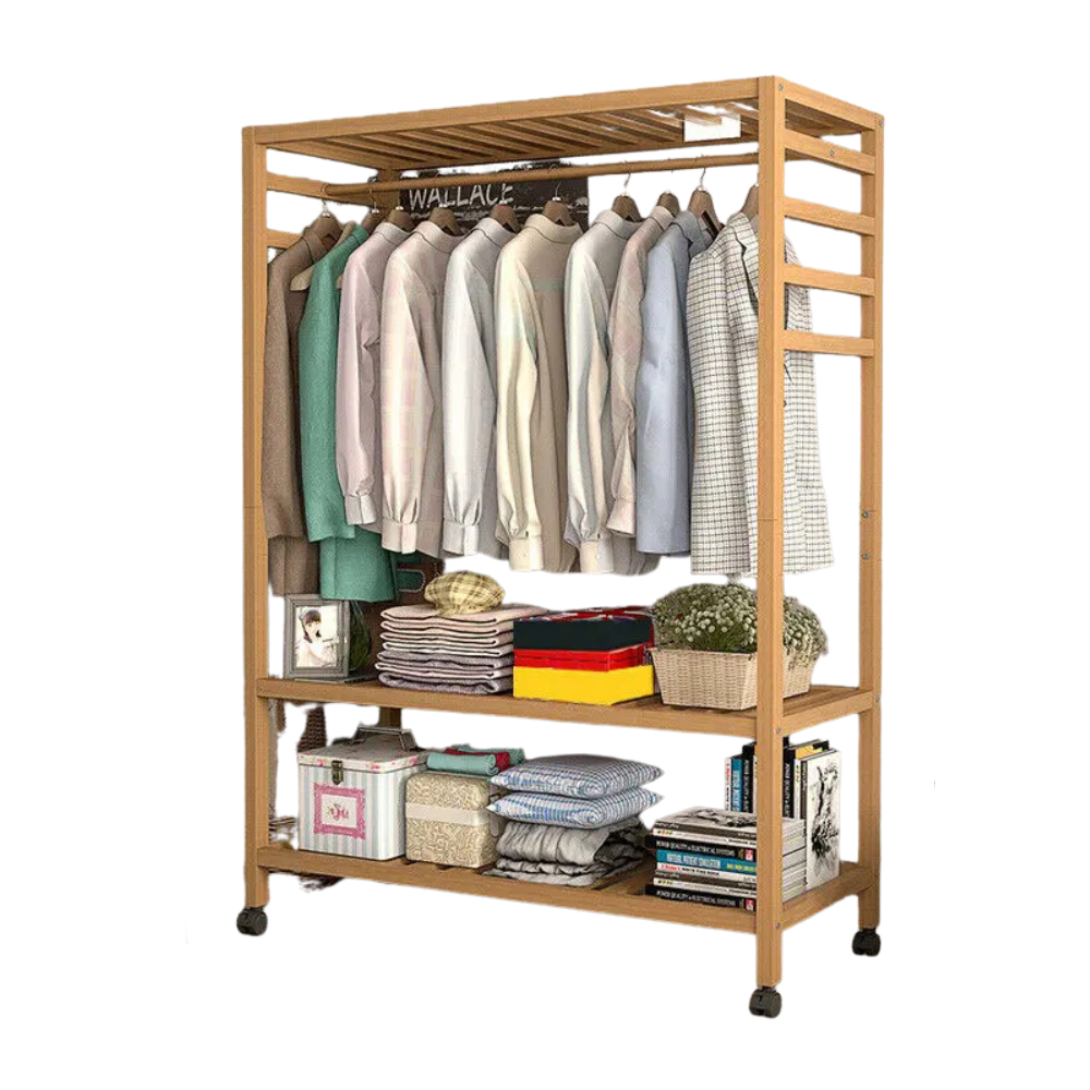 Heavy Duty Bamboo Clothes Rack with Shelves Rolling Garment Rail Open Wardrobe and Side Hooks – Natural Wood