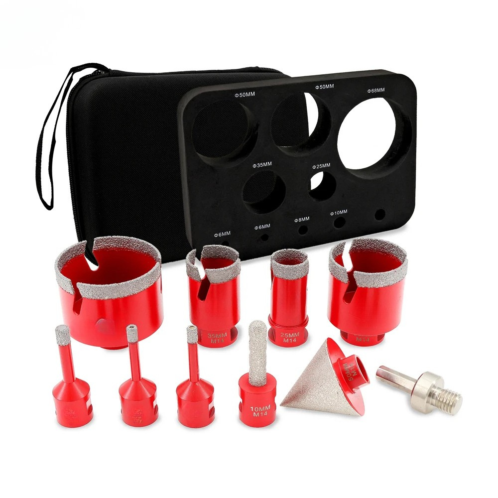 Diamond Drill Bit Set 10 Piece Hole Saw Kit M14 Thread for Tile Granite Marble – Red