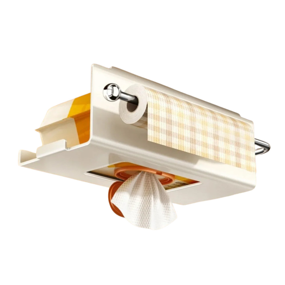 Carbon Steel Under Cabinet Paper Towel Holder Wall Mounted Hanging Kitchen Roll Rack Rustproof Waterproof – Beige