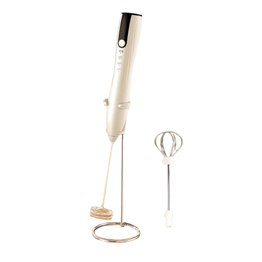 Rechargeable Electric Milk Frother 3 Speed Handheld Whisk with Dual Stainless Steel Heads and Stand – White