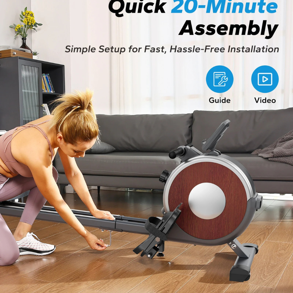 Rowing Machine Magnetic Resistance Rower 16 Levels Dual Rail Bluetooth Fitness Trainer