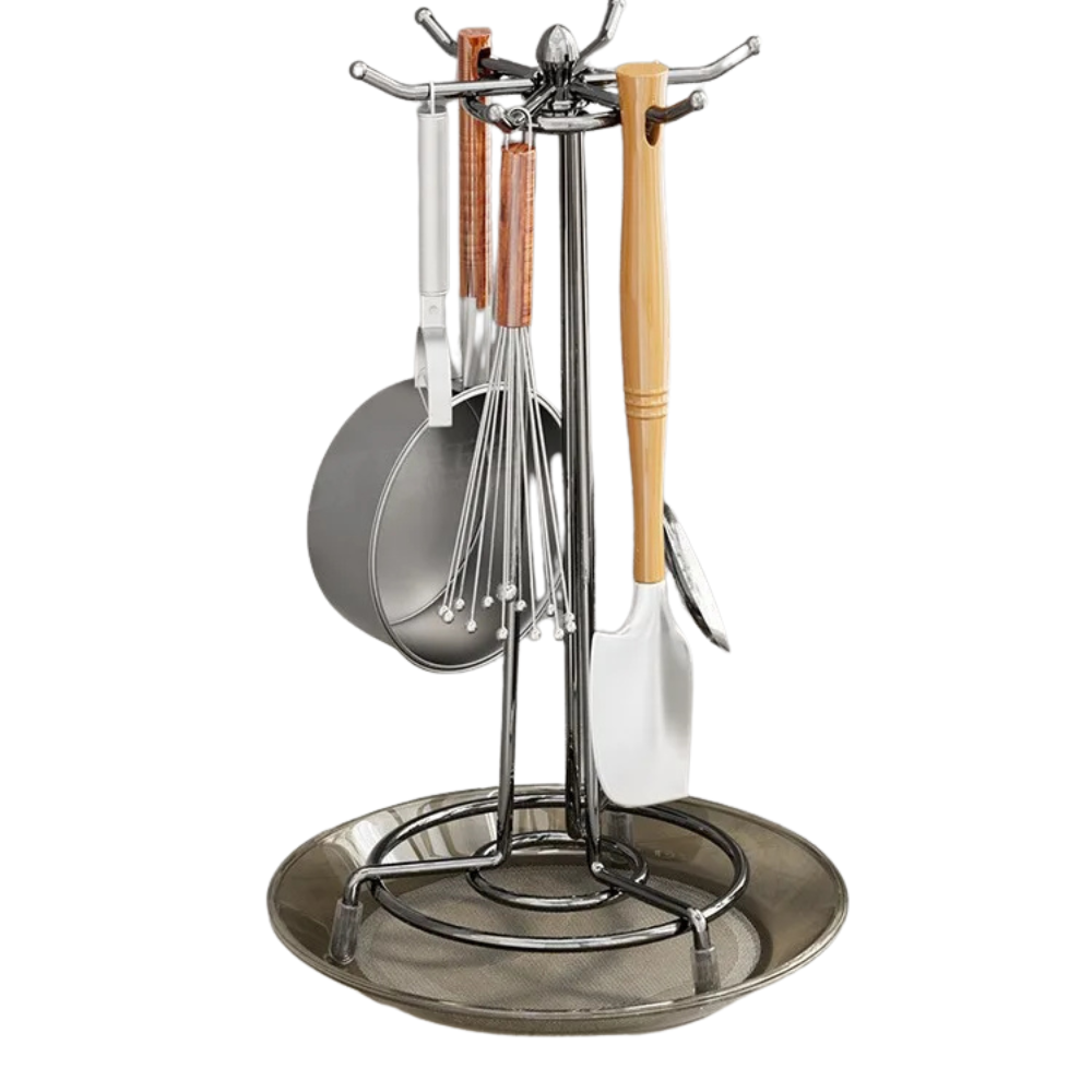 Rotating Kitchen Utensil Holder with Drip Tray 360° Metal Countertop Storage Rack – Black