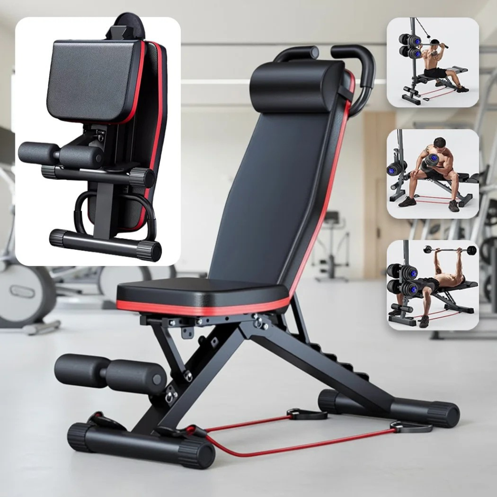 Adjustable Weight Bench Foldable Incline Decline Workout Bench with Resistance Bands – Black
