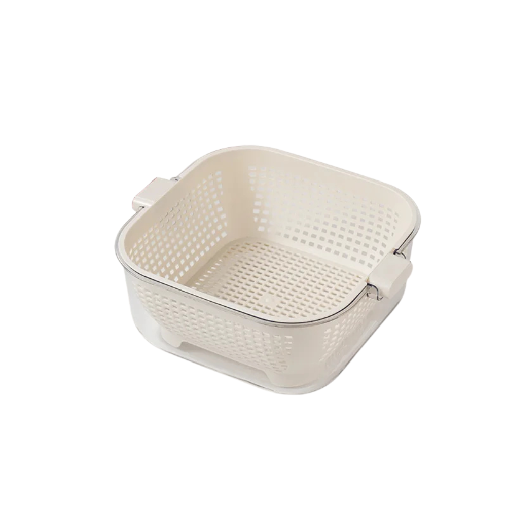 Kitchen Double Drain Wash Basket Large Capacity Fruit and Vegetable Washing Basin with Colander – White