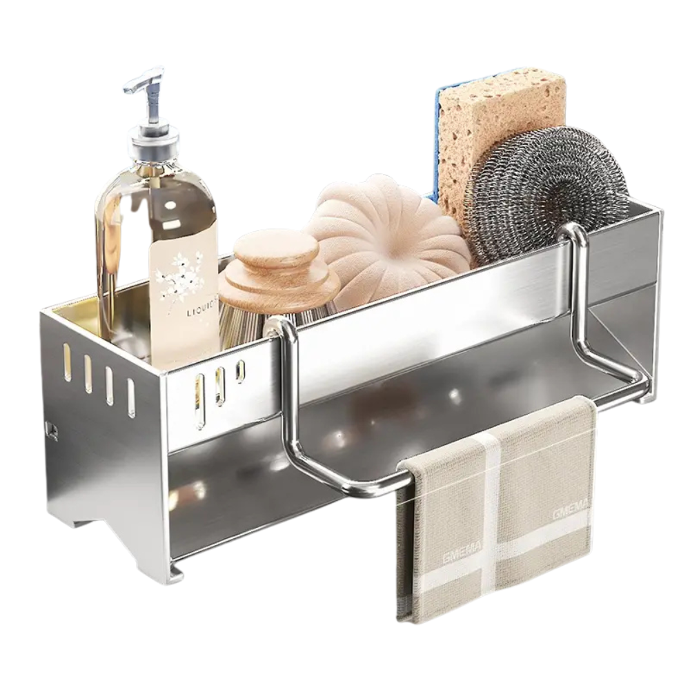 Stainless Steel Sink Storage Rack Kitchen Sponge Holder with Towel Bar Draining Organizer – Steel