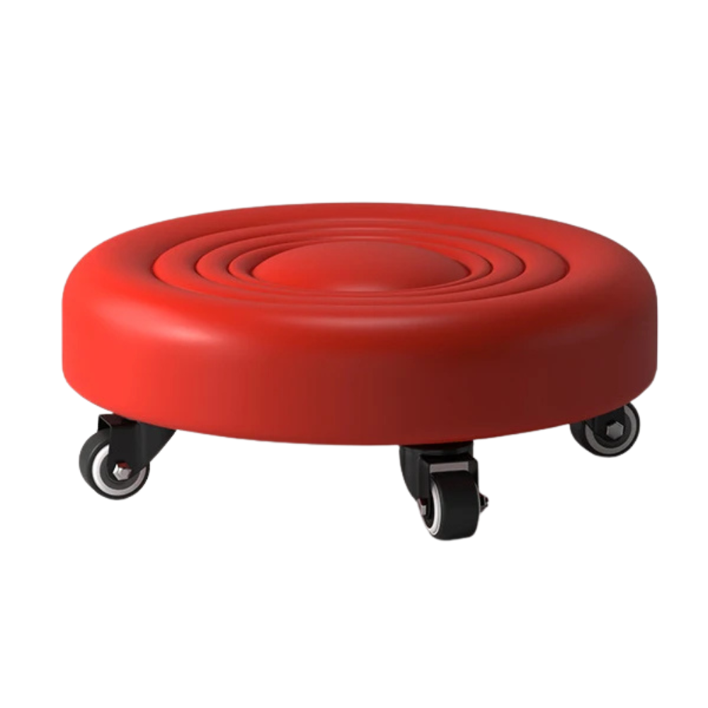 Low Rolling Stool with Universal Wheels PU Leather Cushioned Swivel Seat for Home Garage and Salon – Red