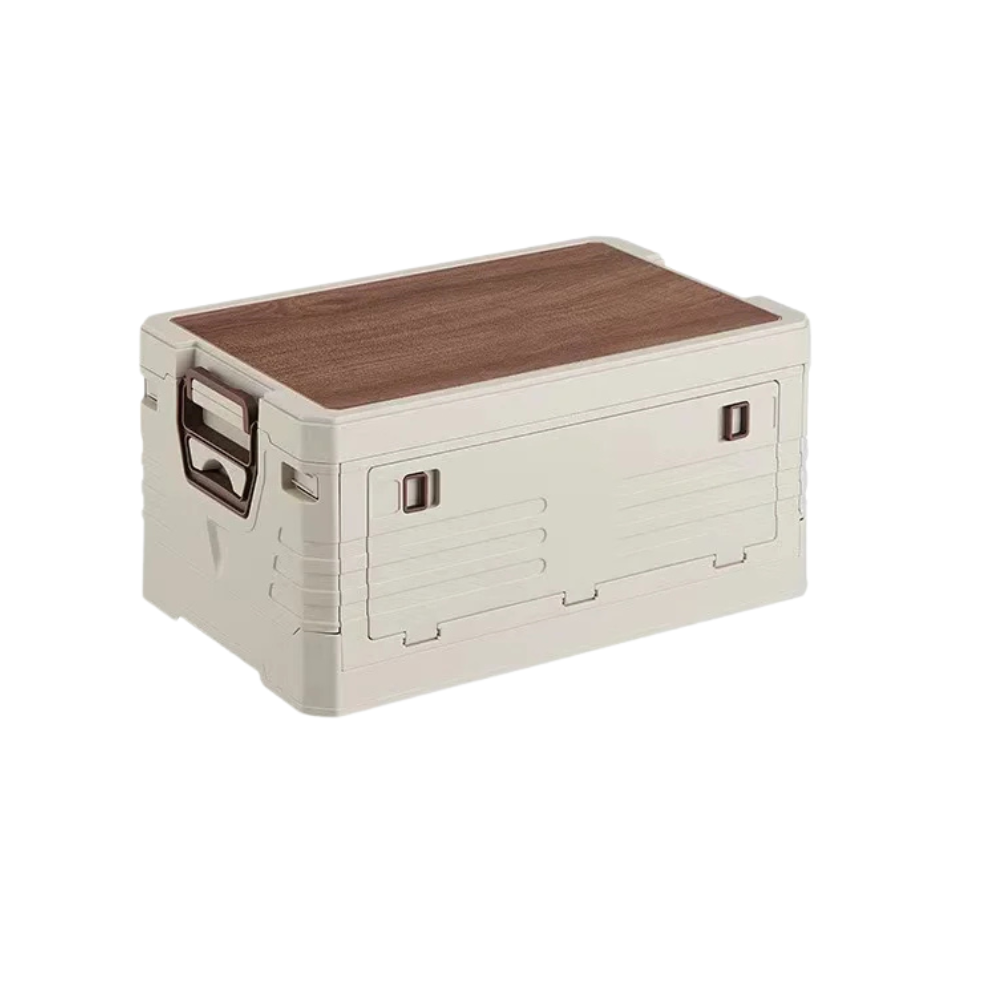 35L Foldable Camping Storage Box Portable Car Organizer with Wooden Lid and Carry Handles