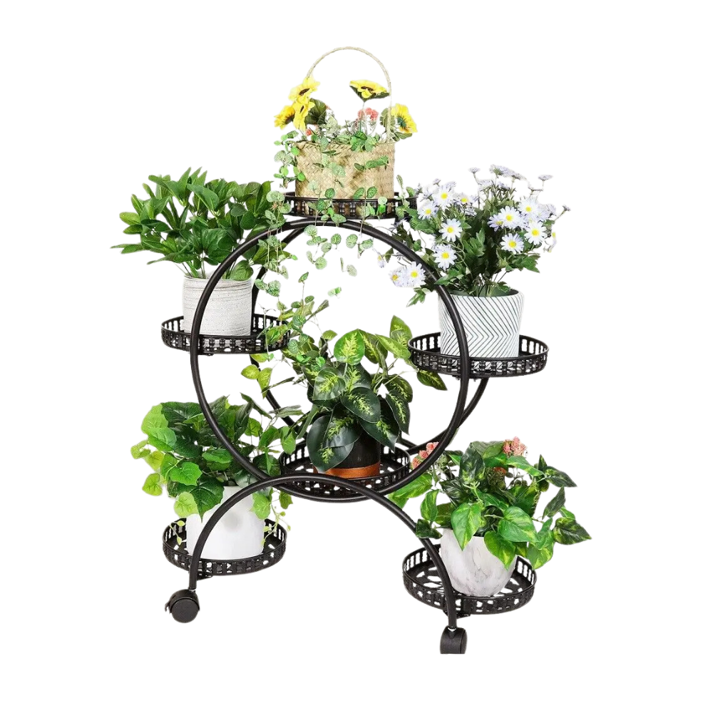6 Pot Metal Plant Stand with Wheels 4 Tier Flower Display Rack Rolling Plant Shelf – Black