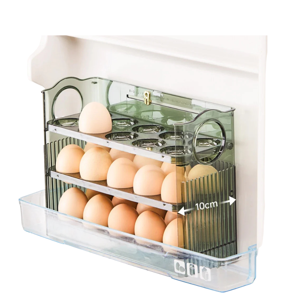 Egg Storage Container 30 Egg 3 Tier Flip Fridge Organiser Portable Date Dial Tray – Green
