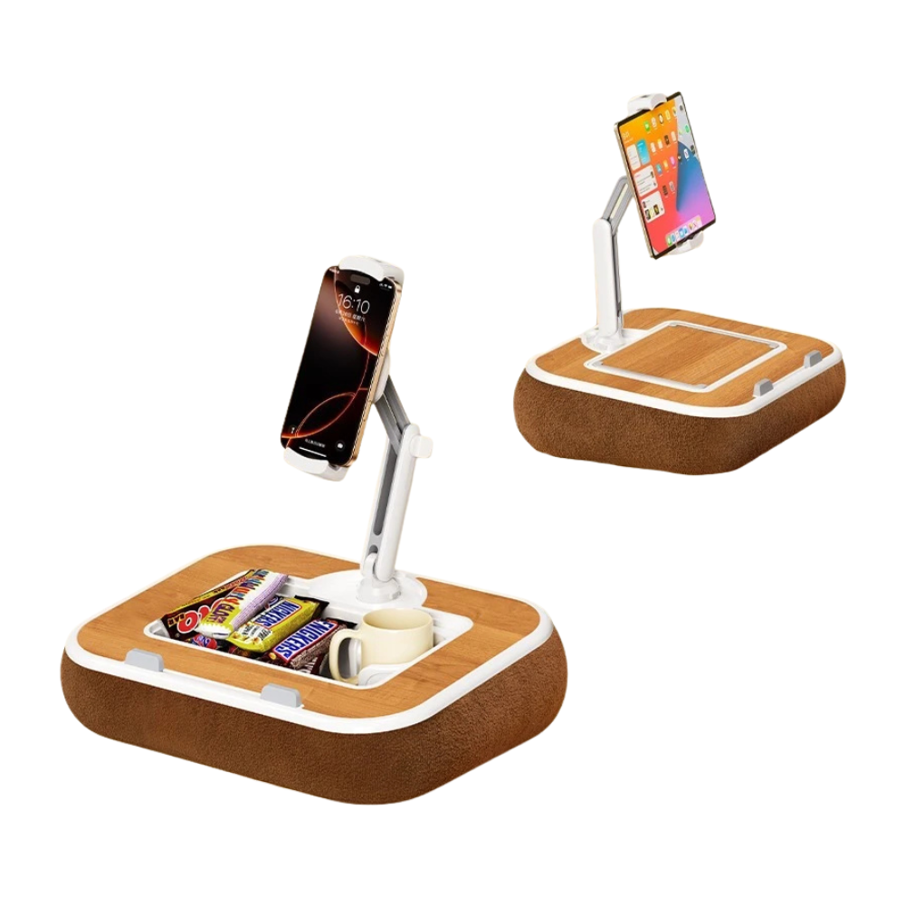 Adjustable Pillow Lap Desk with 360° Rotating Phone Tablet Holder and Storage Tray – Brown
