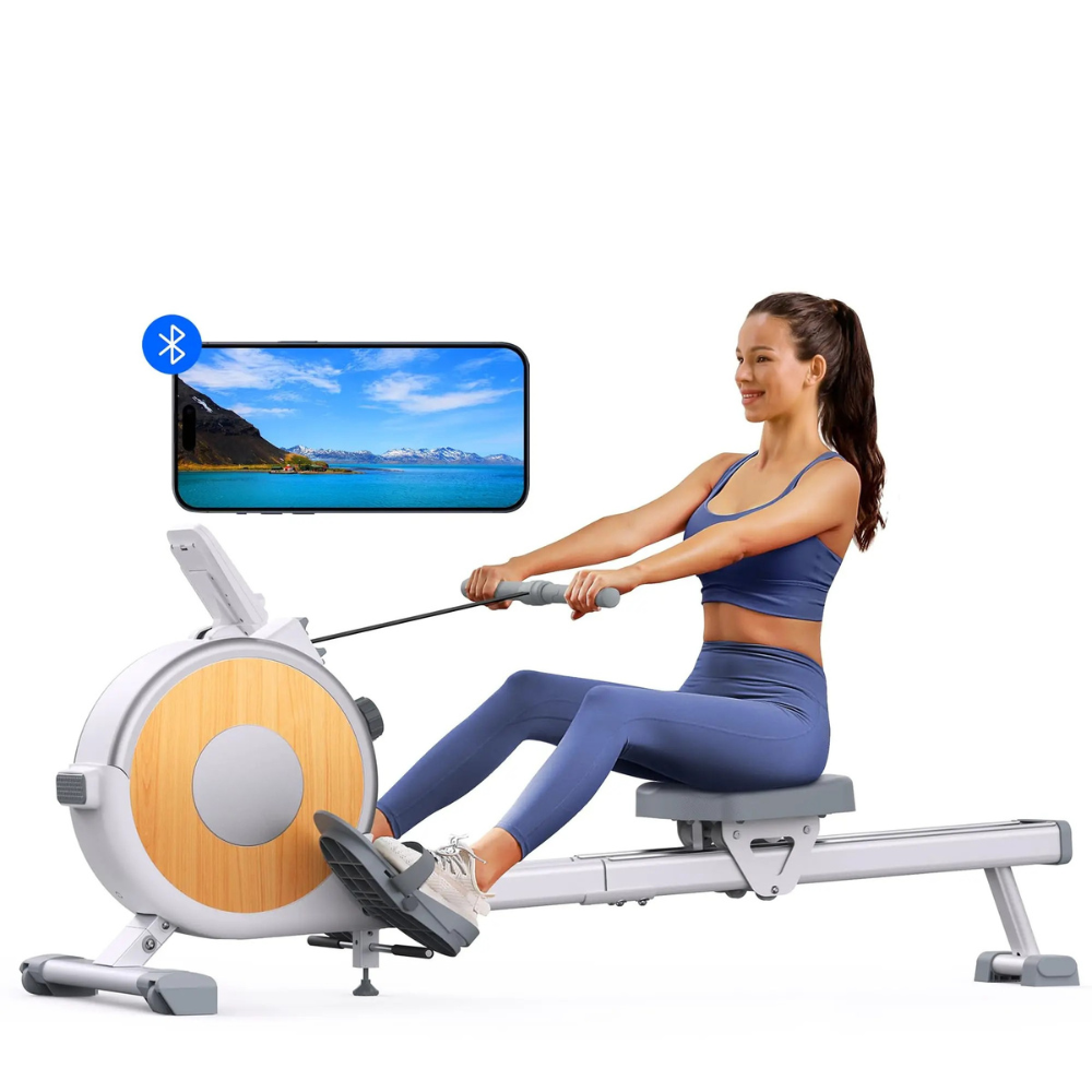 Rowing Machine Magnetic Resistance Rower 16 Levels Dual Rail Bluetooth Fitness Trainer – Yellow