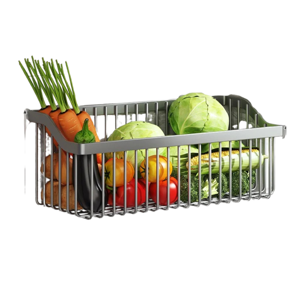No Drill Wall Mounted Kitchen Storage Rack Metal Spice Organizer Vegetable Basket Shelf – Grey