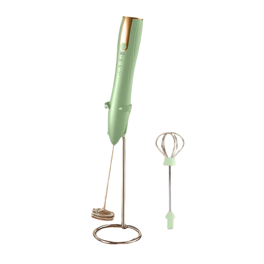 Rechargeable Electric Milk Frother 3 Speed Handheld Whisk with Dual Stainless Steel Heads and Stand – Green