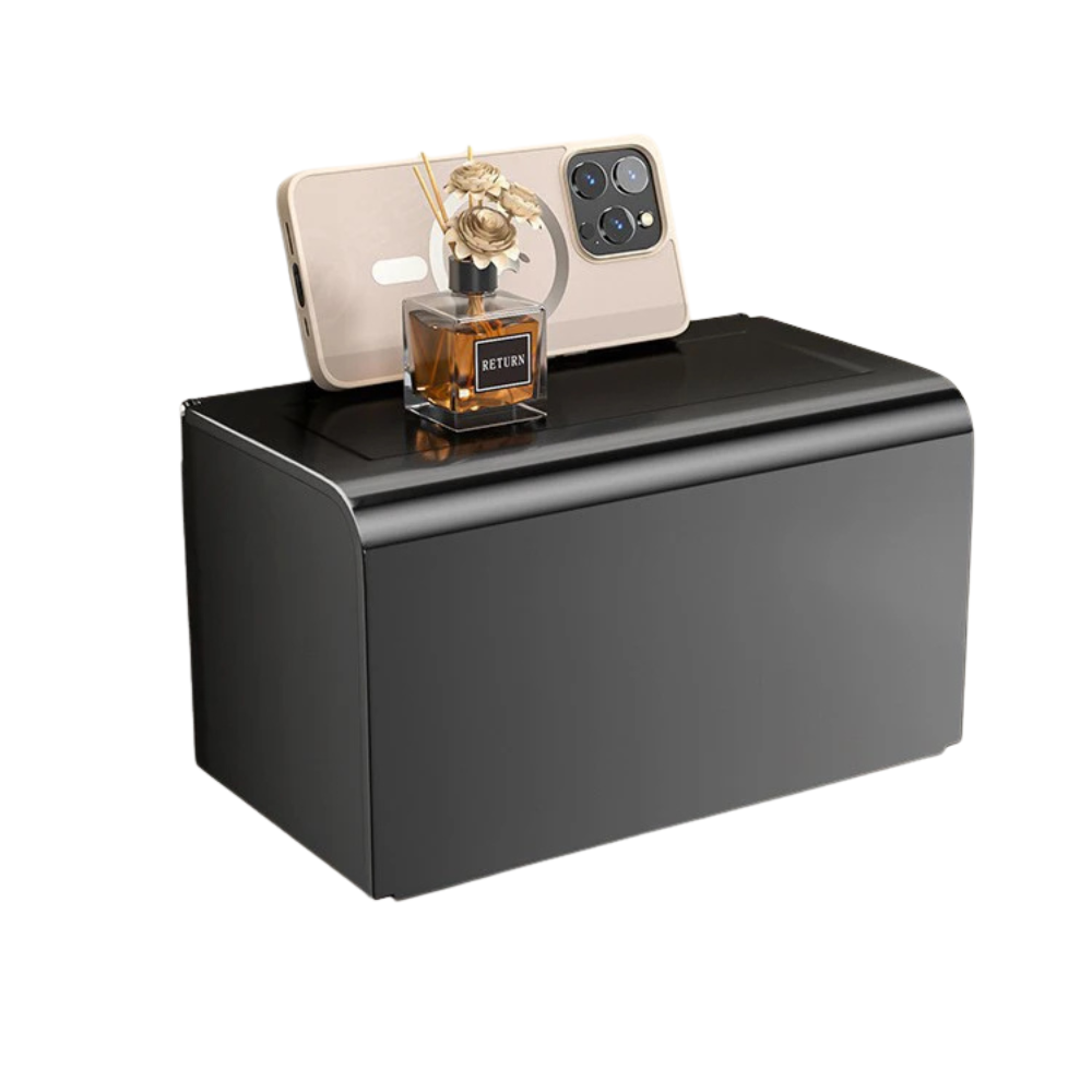 Large Waterproof Wall Mounted Toilet Paper Holder with Storage Shelf Aluminium Alloy Tissue Box – Black