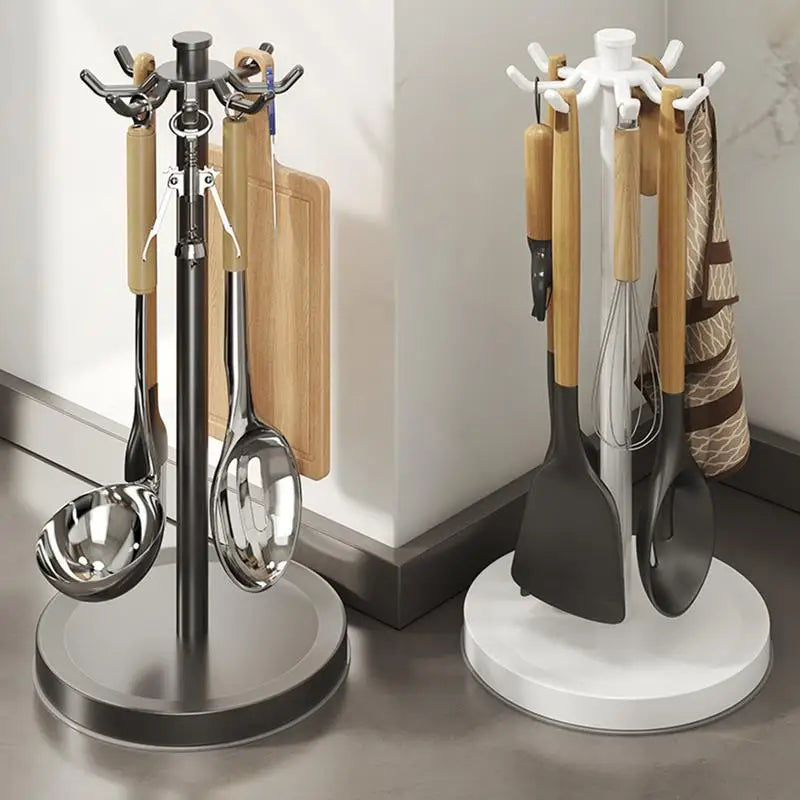 360° Rotating Kitchen Utensil Holder with 8 Hooks Countertop Cooking Tool Organizer Stand – Black
