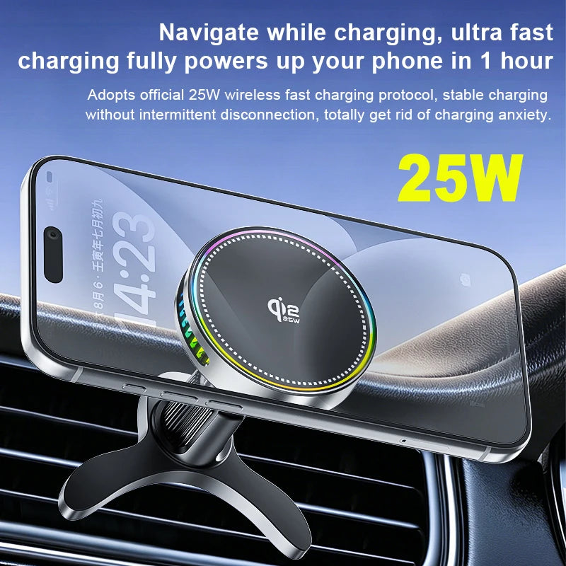 Car Phone Holder Qi2 25W Wireless Charger Air Vent Mount with RGB Light - Black