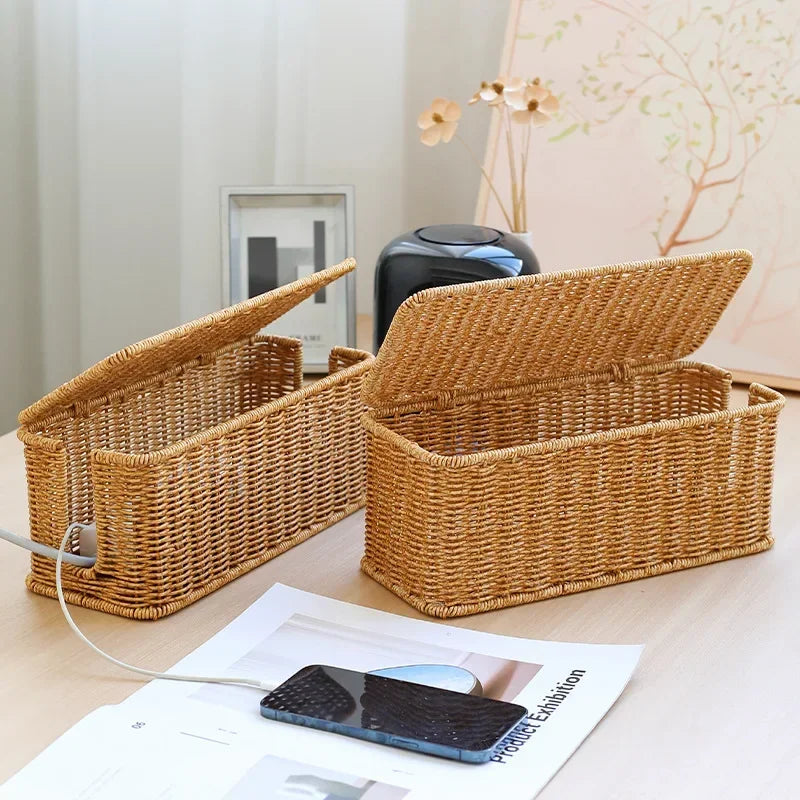 Rattan Cable Management Box Handmade Woven Cord Organiser for Desk & TV - Brown