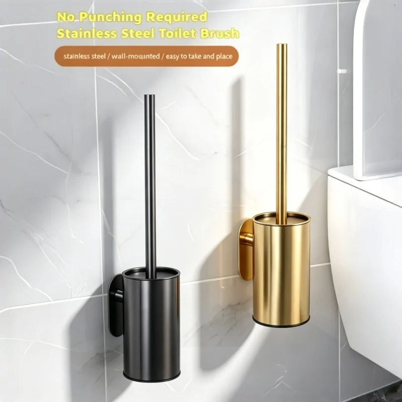Wall Mounted Toilet Brush with Holder No Drill Stainless Steel Handle Bathroom Cleaning Brush Set – Black