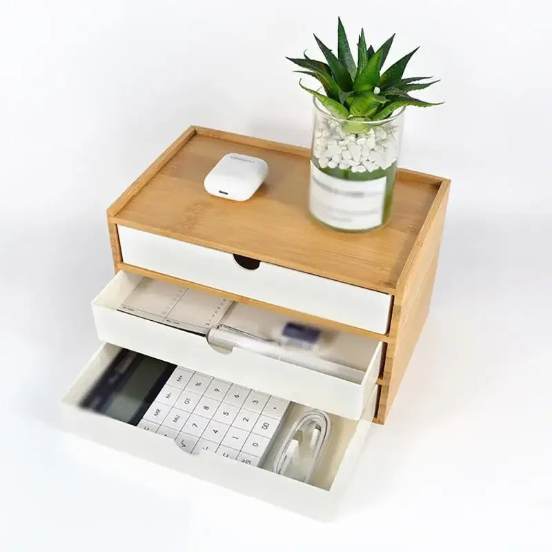 Storage Box Bamboo Desktop Organizer 3 Layer Drawer Design