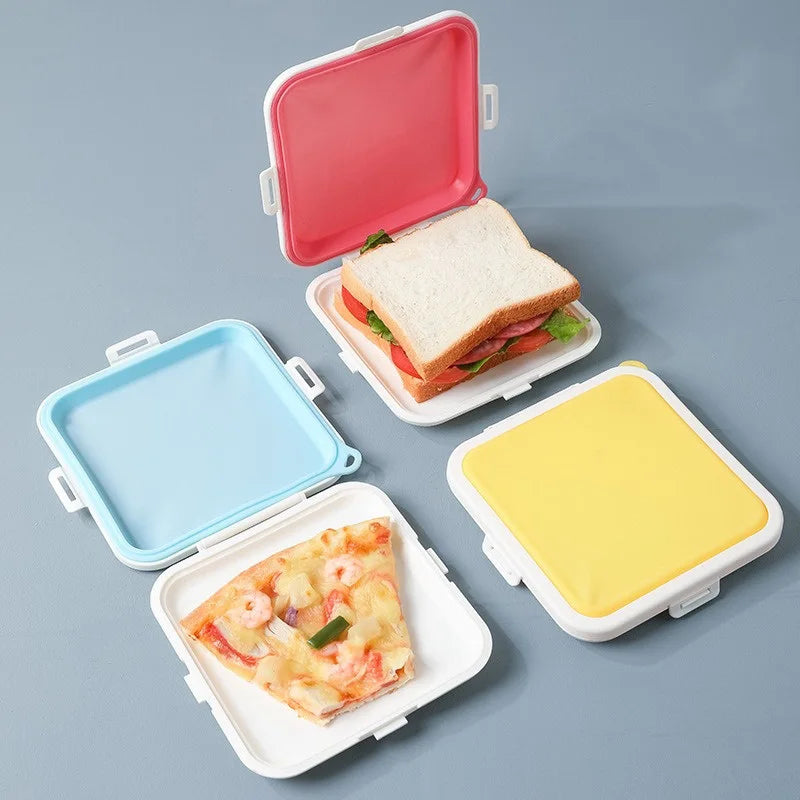 Silicone Sandwich Lunch Box Reusable Food Storage Container Microwave Safe Bento Box with Protective Lid – Pink