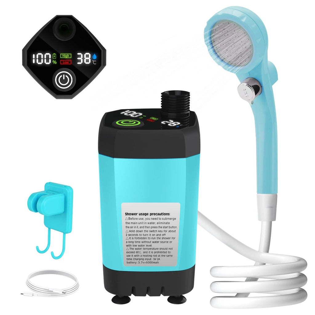 Camping Shower Pump 6000mAh Portable Outdoor Shower Kit with Digital Display - Blue