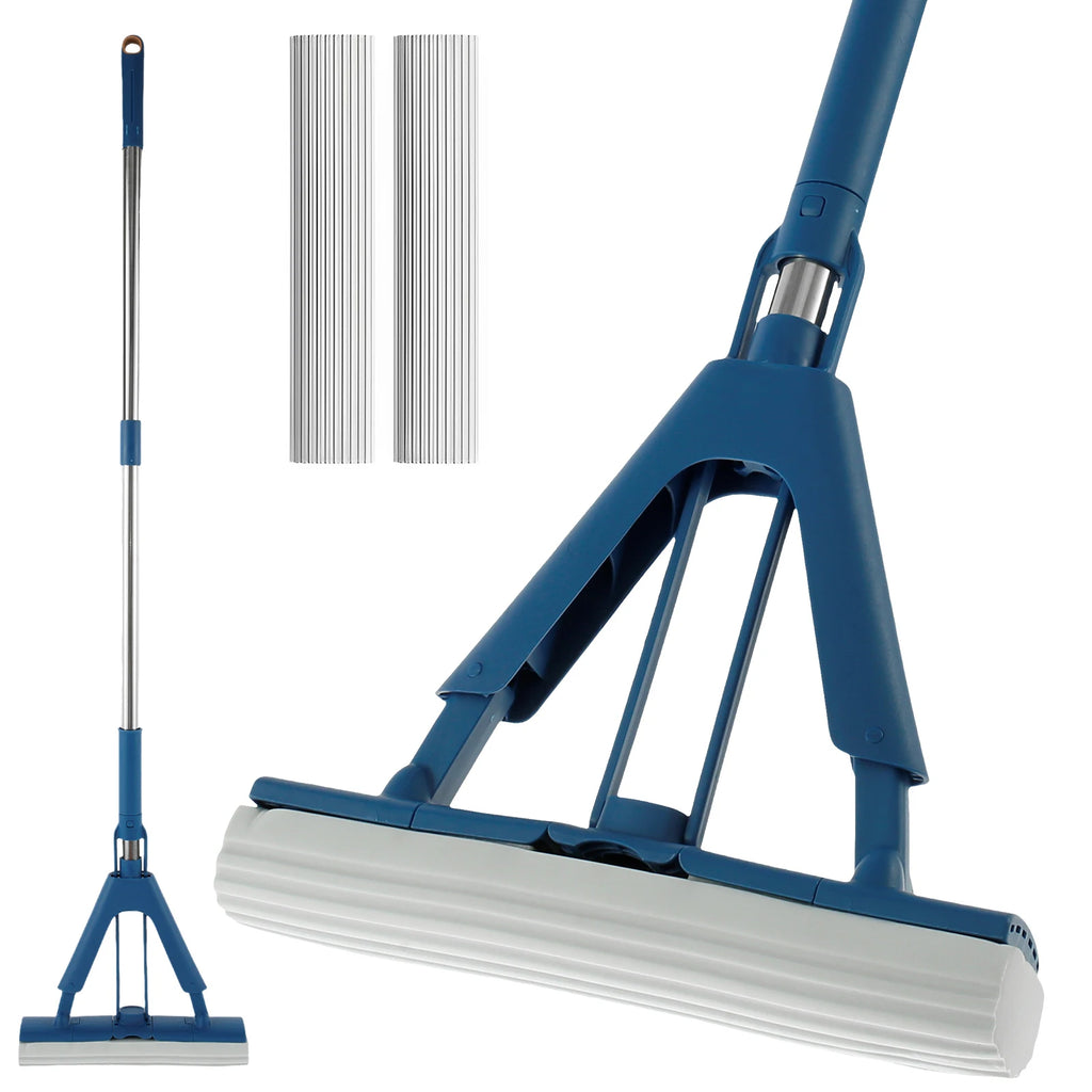 Foldable Self-Draining Sponge Mop with Telescopic Handle 96–128cm and 2 Replacement Heads - Blue
