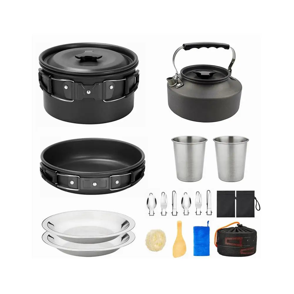 Camping Cookware Set 2-3 Person Aluminum Pots Pans Kettle Kit - Black