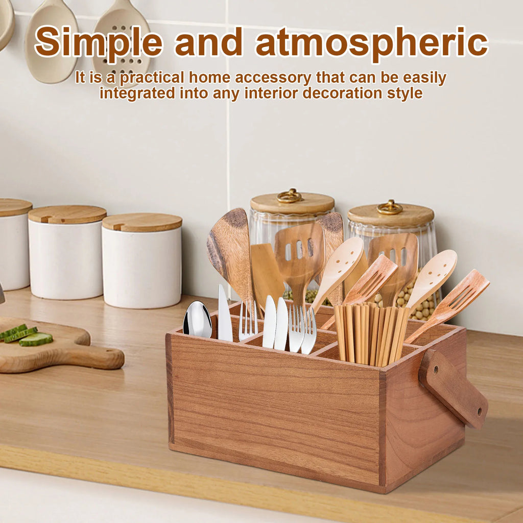 Wooden Utensil Holder 4 Compartments 23 cm Kitchen Storage Caddy with Carry Handle