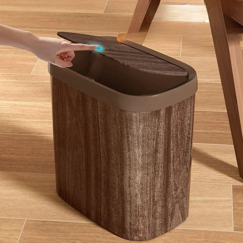 Slim Trash Can Wood Grain Design Swing Lid Compact Garbage Bin for Bathroom Kitchen Coffee