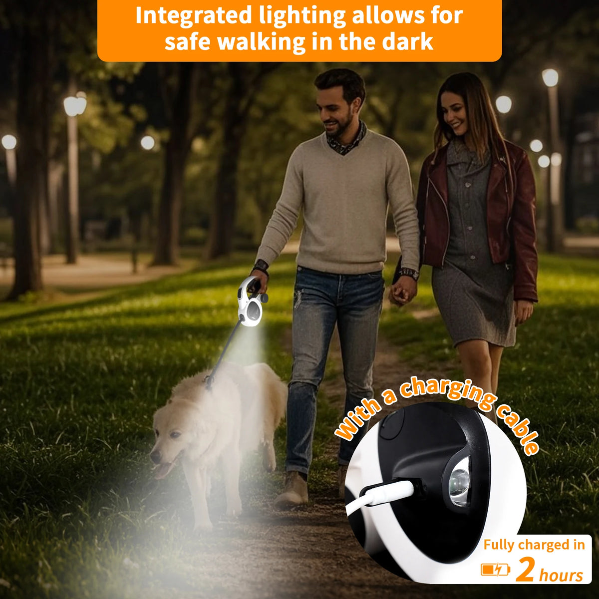 Dog Leash 4.9 m Retractable Rechargeable LED Light Steel Cable with Waste Bag Holder for Outdoor Walks