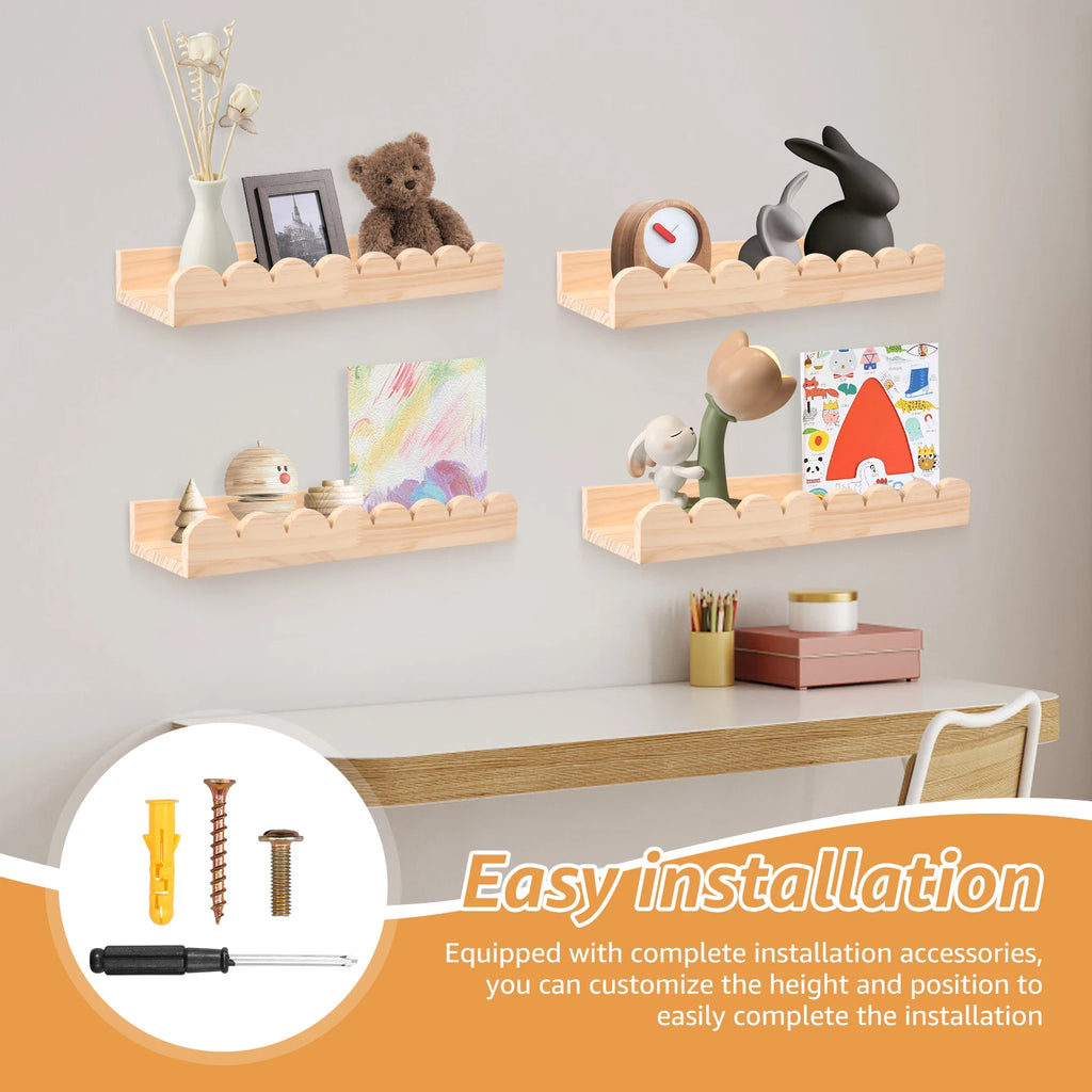 Wood Floating Wall Shelf Set with Scalloped Edge and Hooks – 3 Pieces