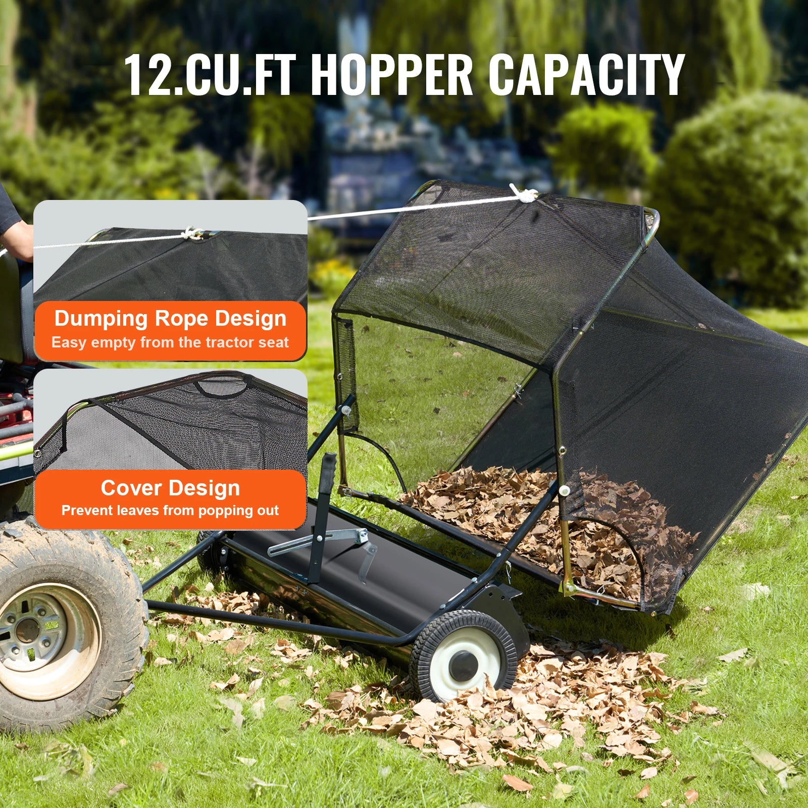 Lawn Sweeper 42 Inch Tow Behind Leaf Collector 26 Cu Ft Yard Grass Sweeper