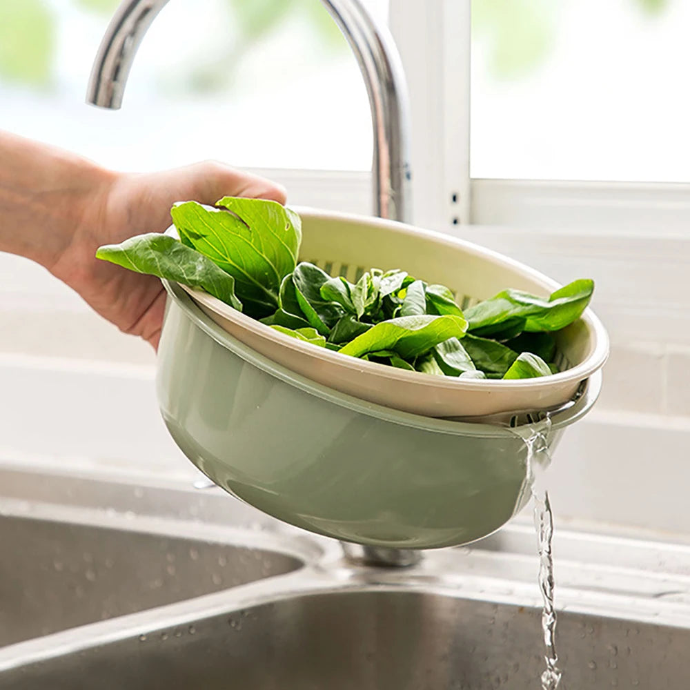 Double Layer Fruit and Vegetable Washing Basket Drain Tray – Green