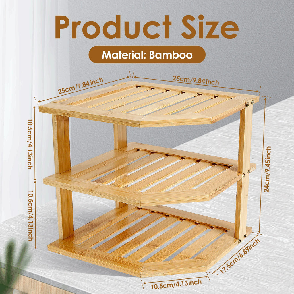 Cabinet Organiser 3 Tier Bamboo Corner Storage Shelf for Kitchen Countertop