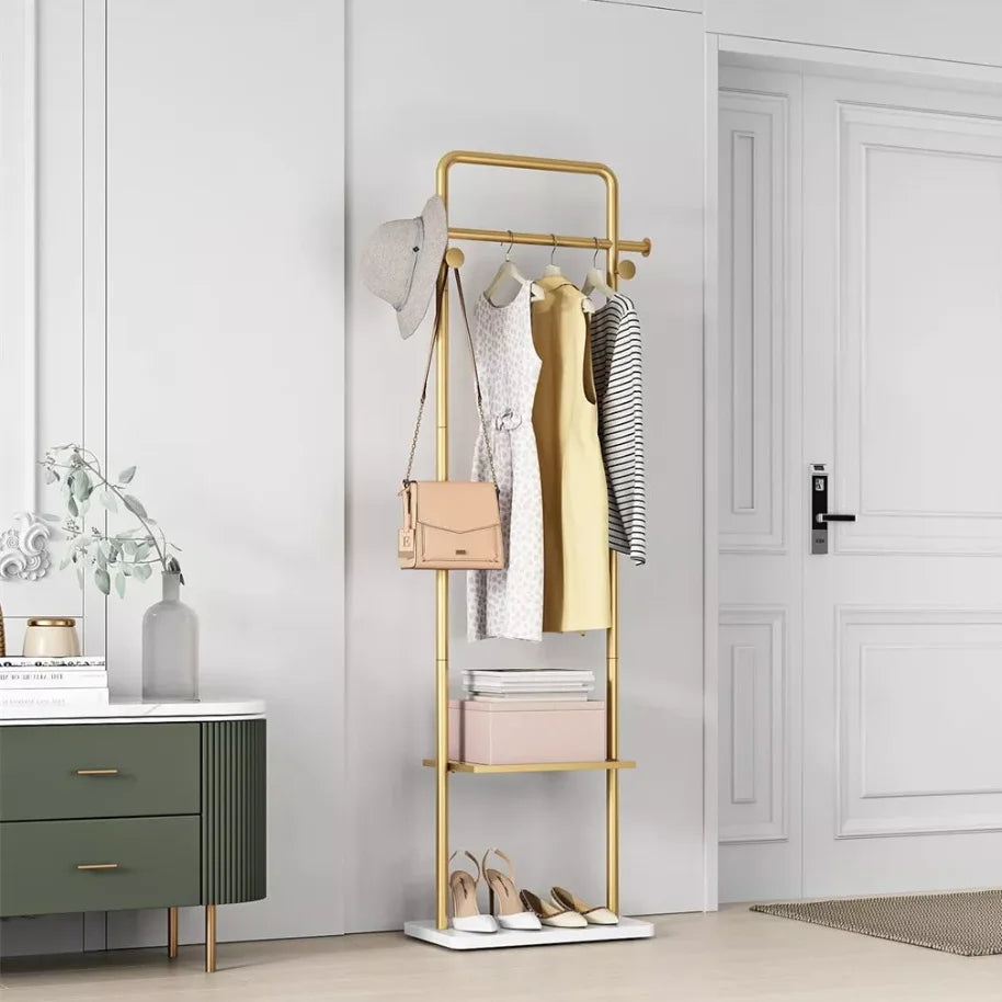 Coat Rack Stand 175cm Metal Corner Hall Tree with Marble Base 4 Hooks 2 Tier Shelf - Gold