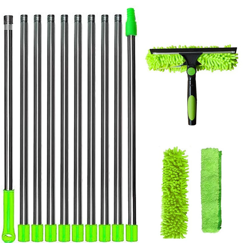 Window Cleaning Kit Extendable 2 in 1 Squeegee Mop 420cm Adjustable Pole with Microfiber Head - Green