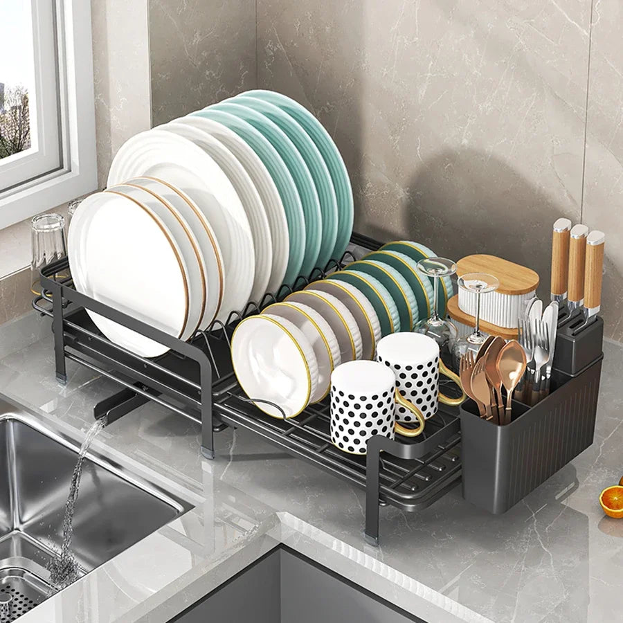 Portable Expandable Dish Drainer Rack with Drainboard Metal Kitchen Counter Organizer - White