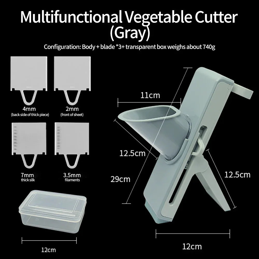 Vegetable Slicer 29cm Multi Function Food Cutter with Stainless Steel Blades Container - Grey