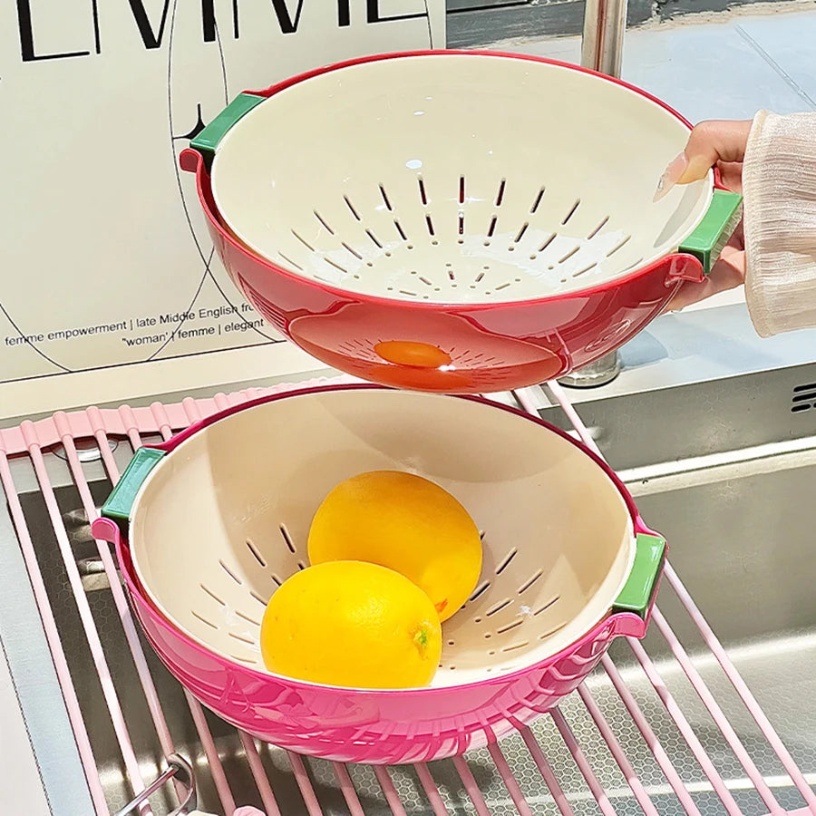 Double-Layer Draining Basket Fruit and Vegetable Wash & Storage Basket – Red
